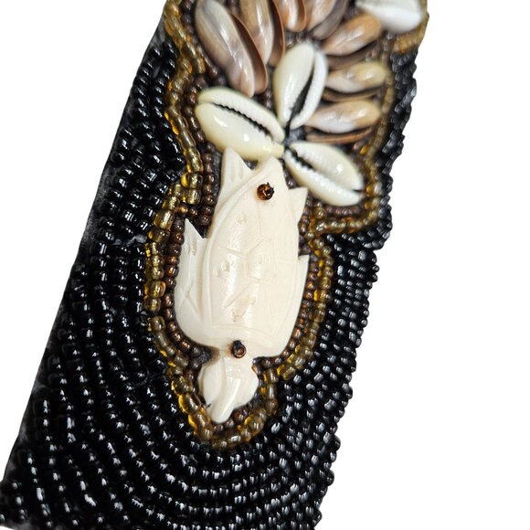 Handcrafted Beaded Black Beige Bohemian Belt Cowrie Shells Carved Turtle Tie - Picture 5 of 11